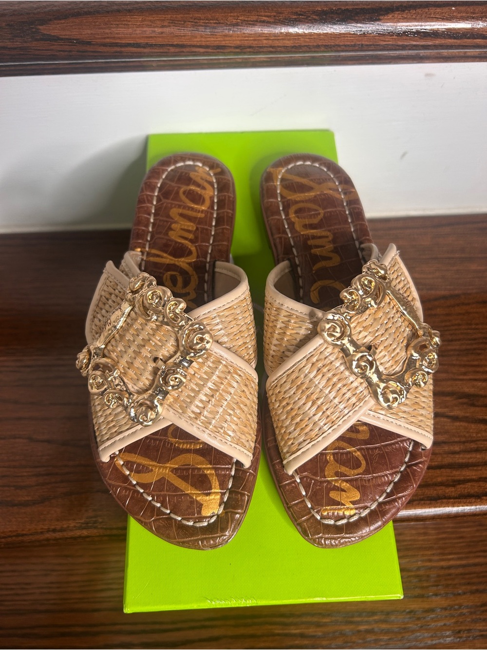 Sam Edelman Gracyn Woven Natural Crossband Slide Sandal with Gold Buckle, 5M - Picture 6 of 15